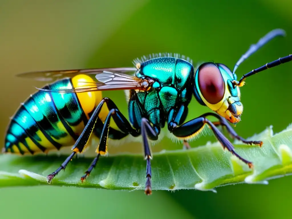 Detallada imagen de una avispa parasitoide depositando huevos en una oruga