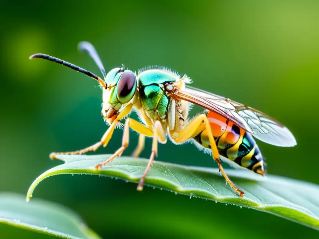 Detallada imagen de una avispita parasitoide depositando huevos en un insecto, resaltando el control biológico de plagas en cultivos