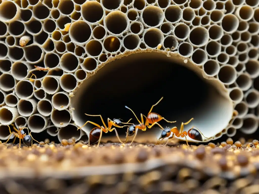 Una detallada imagen de una bulliciosa colonia de hormigas, mostrando la importancia de los insectos sociales en su compleja y organizada naturaleza