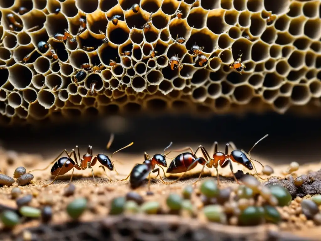 Una detallada imagen de una bulliciosa colonia de hormigas, iluminada por la suave luz natural