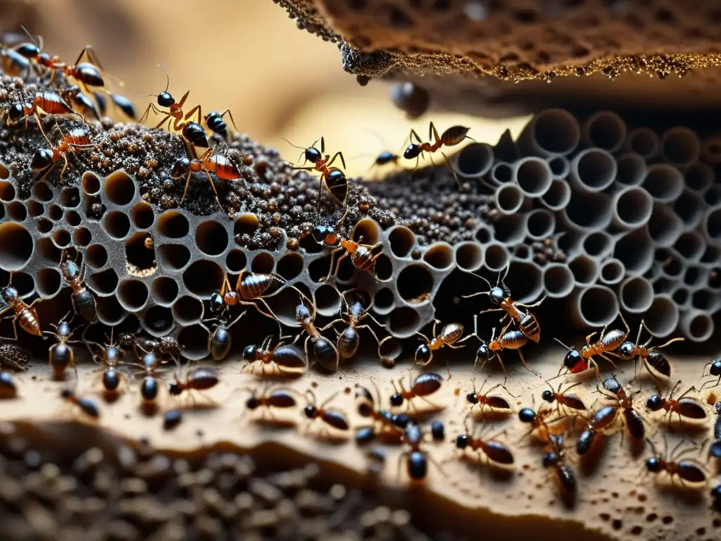 Detallada imagen de una bulliciosa colonia de hormigas subterráneas, mostrando intrincados túneles y miles de hormigas trabajando en armonía