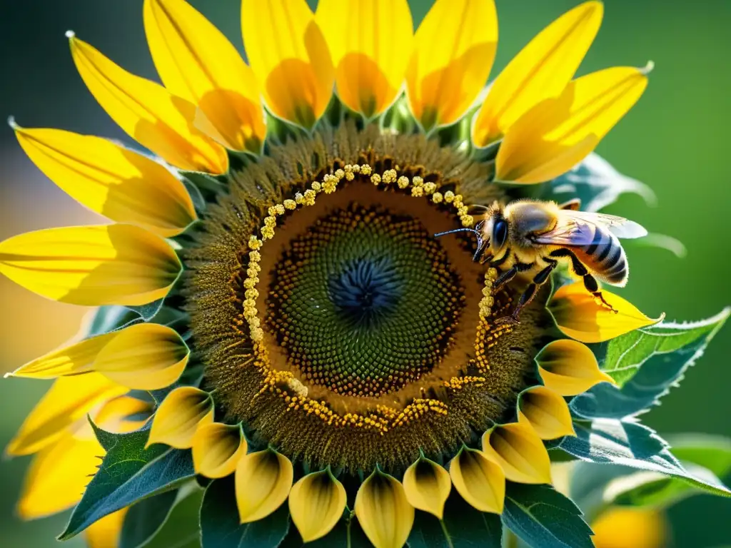 Detallada imagen de polinización cruzada y biodiversidad, con abeja y girasol en macro