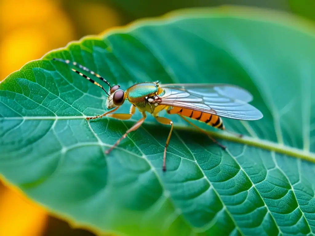 Detallada imagen de un diminuto insecto con adaptaciones respiratorias, con alas translúcidas brillando al sol sobre una hoja delicada