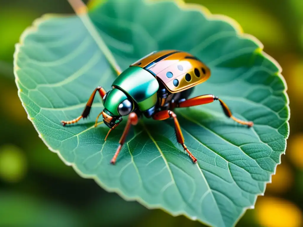 Detallada imagen de un diminuto robot insecto en hoja verde