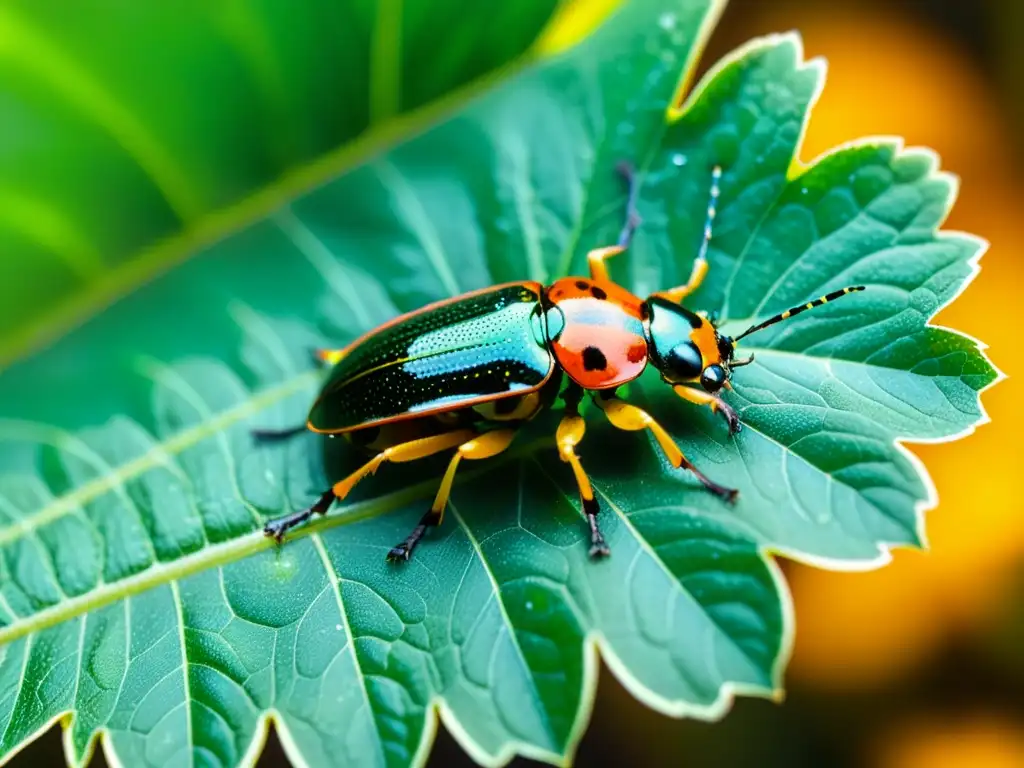 Detallada imagen de un escarabajo colorido en una hoja verde, con patrones y texturas del exoesqueleto