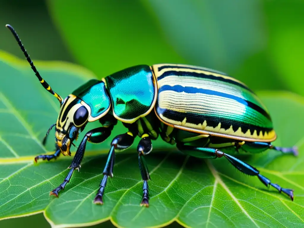 Detallada imagen de un escarabajo Goliat sobre una hoja verde, mostrando sus características únicas de insectos asombrosos