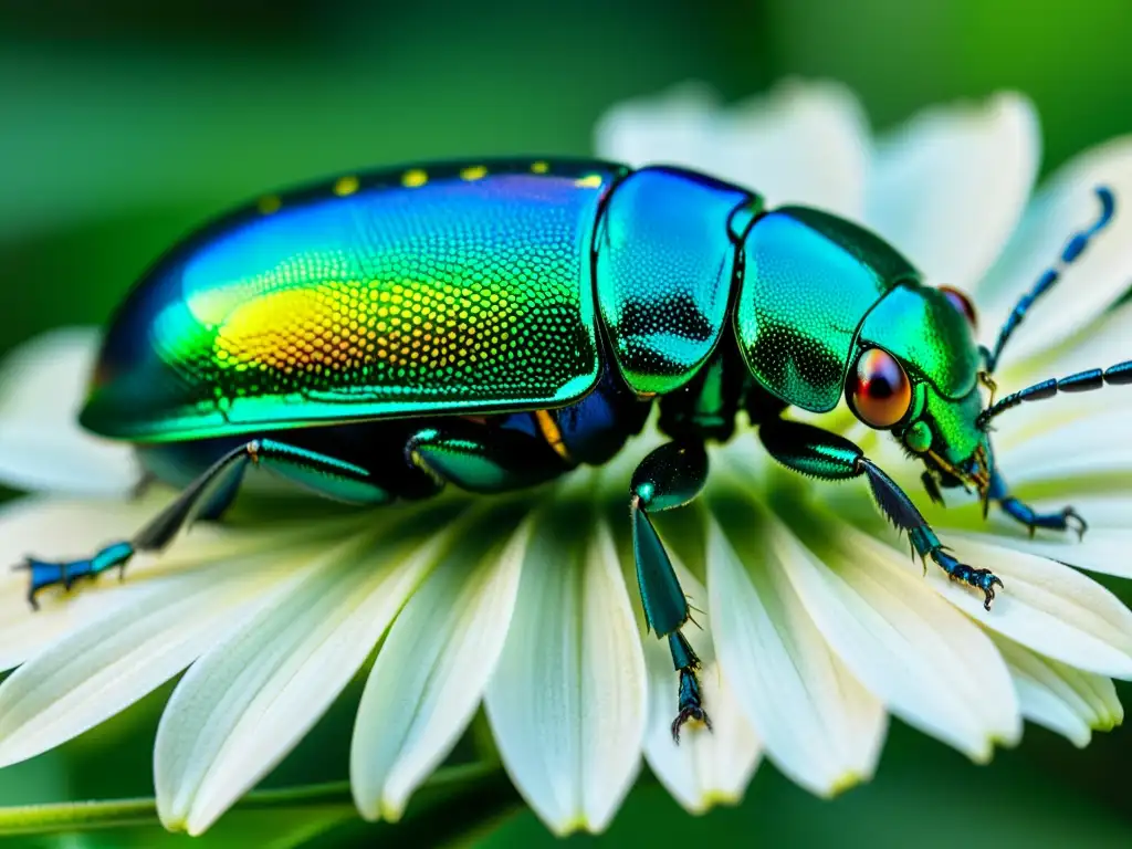 Detallada imagen de un escarabajo joya con exoesqueleto iridiscente verde y azul, posado en un pétalo de flor, desplegando sus alas y reflejando la belleza del entorno