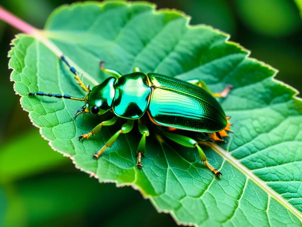 Detallada imagen de un escarabajo metálico verde sobre una hoja, con patrones y texturas de su exoesqueleto