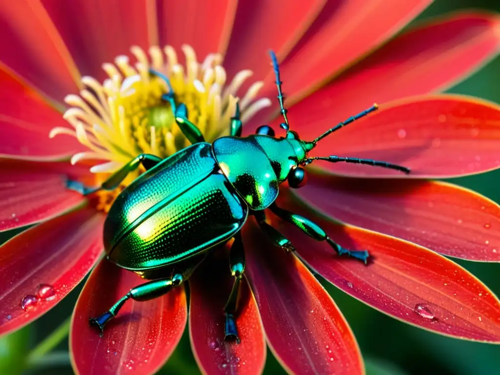 Detallada imagen de un escarabajo metálico verde iridiscente sobre una flor roja