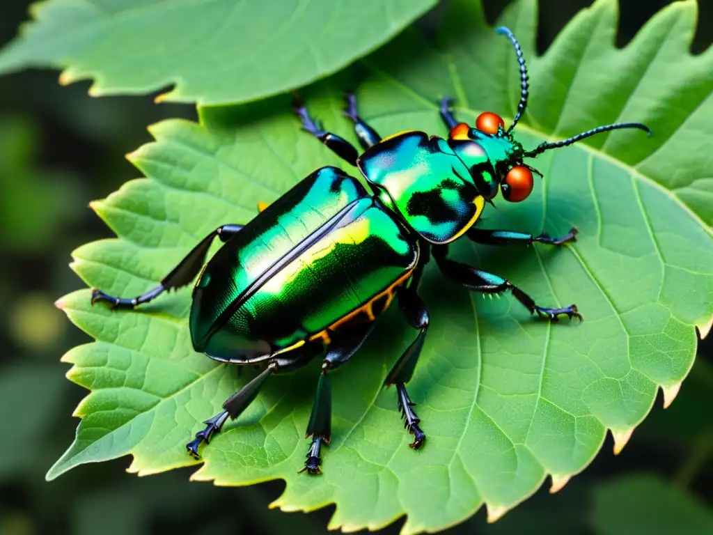 Detallada imagen de un escarabajo ciervo verde y negro en una hoja