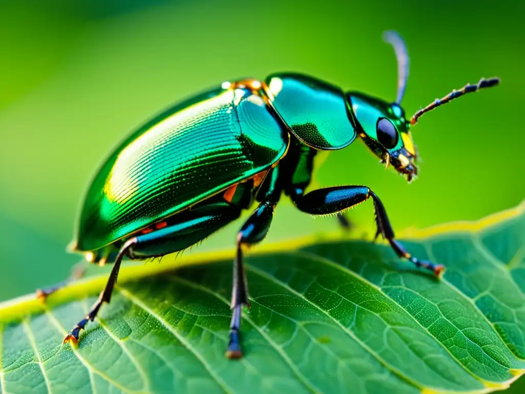 Detallada imagen de un escarabajo verde sobre una hoja, resaltando la importancia de los coleópteros en ecosistemas