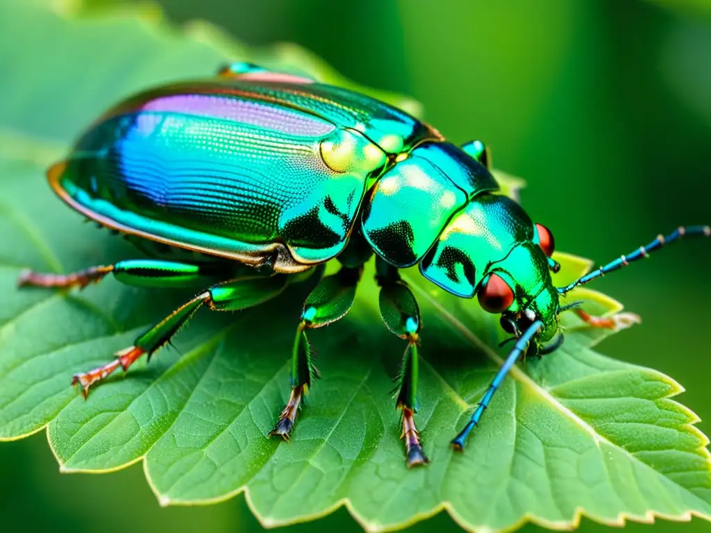 Detallada imagen de un escarabajo verde iridiscente posado en una hoja, con sus alas abiertas