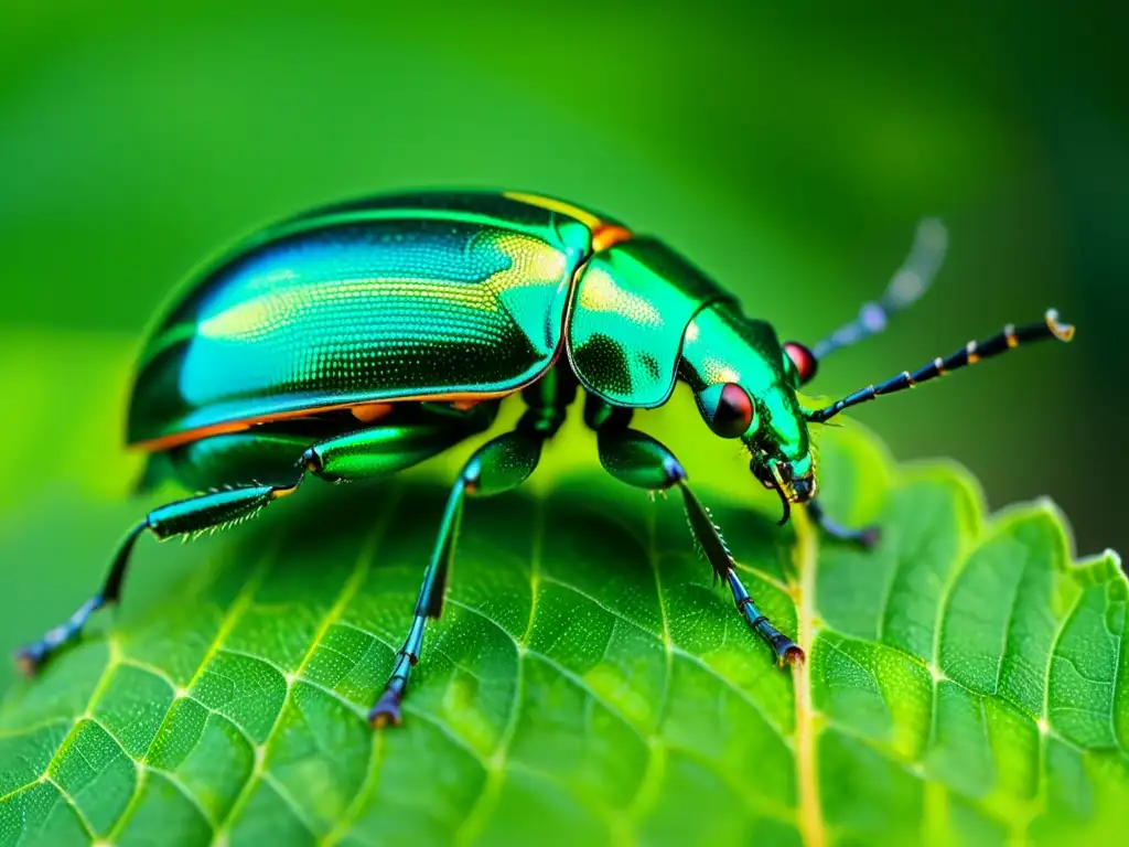 Detallada imagen de un escarabajo verde (Chrysomelidae) camuflado en una hoja, resaltando la importancia de la coloración en insectos