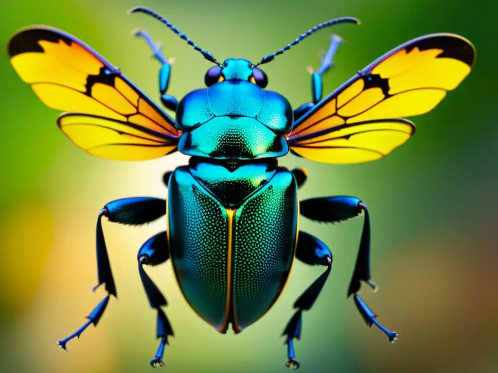 Detallada imagen de un escarabajo coleóptero volador en pleno vuelo, mostrando sus adaptaciones únicas y sus iridiscentes alas desplegadas