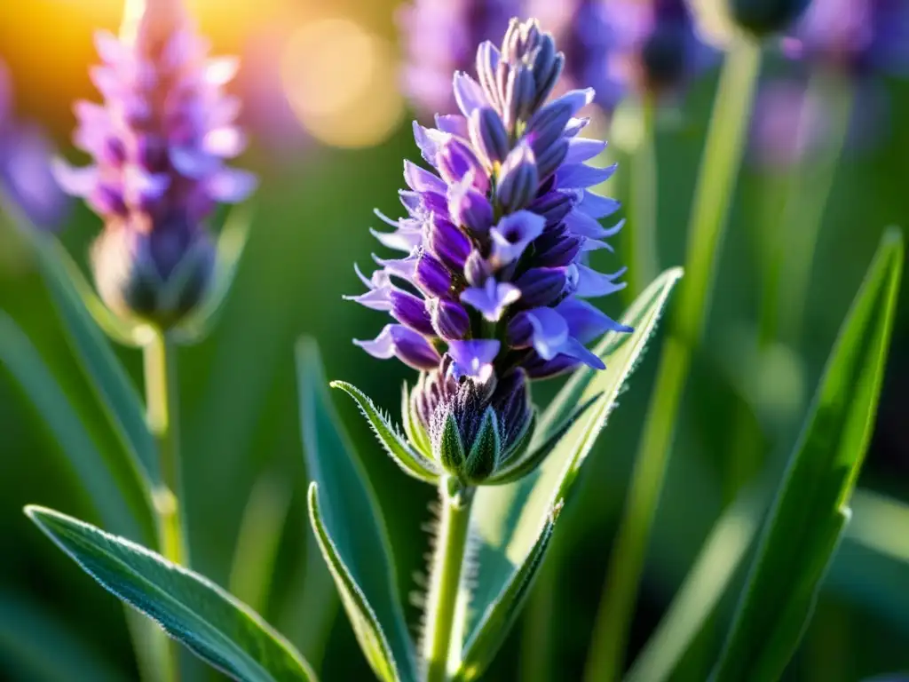 Detallada imagen de una exuberante flor de lavanda púrpura, con pétalos delicados y brillantes bajo la luz del sol