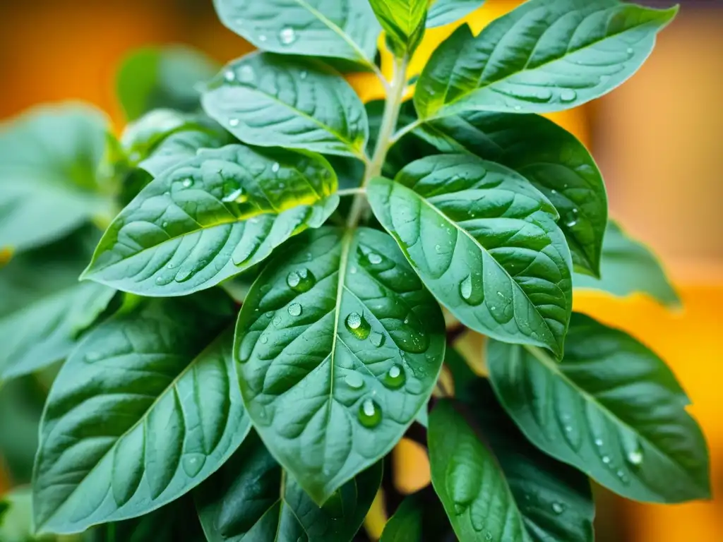 Detallada imagen de una exuberante planta de albahaca con gotas de agua sobre sus hojas, destacando sus patrones y mecanismos naturales de defensa