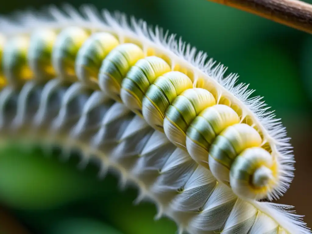 Detallada imagen de un gusano de seda hilando su capullo, resaltando la belleza natural y complejidad del proceso de producción de seda