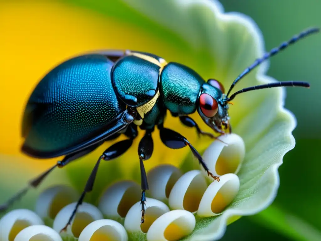 Detallada imagen de una hembra insecto depositando huevos, exhibiendo estrategias reproductivas insectos en un entorno impresionante