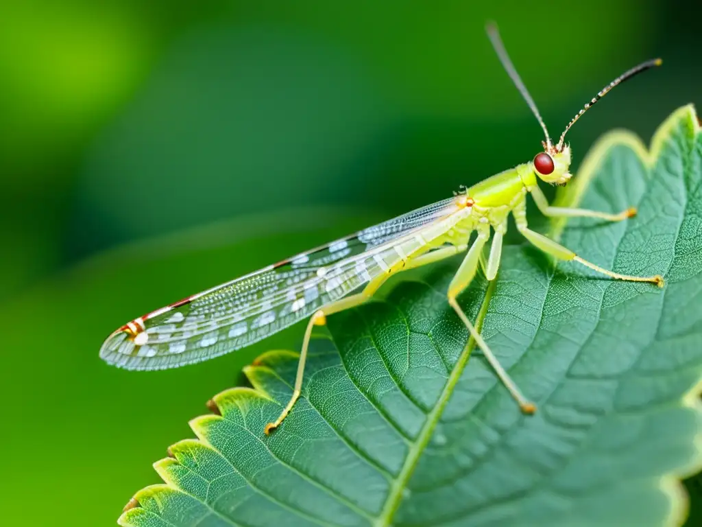 Detallada imagen de una crisopa en una hoja sana, mostrando la belleza natural del ecosistema