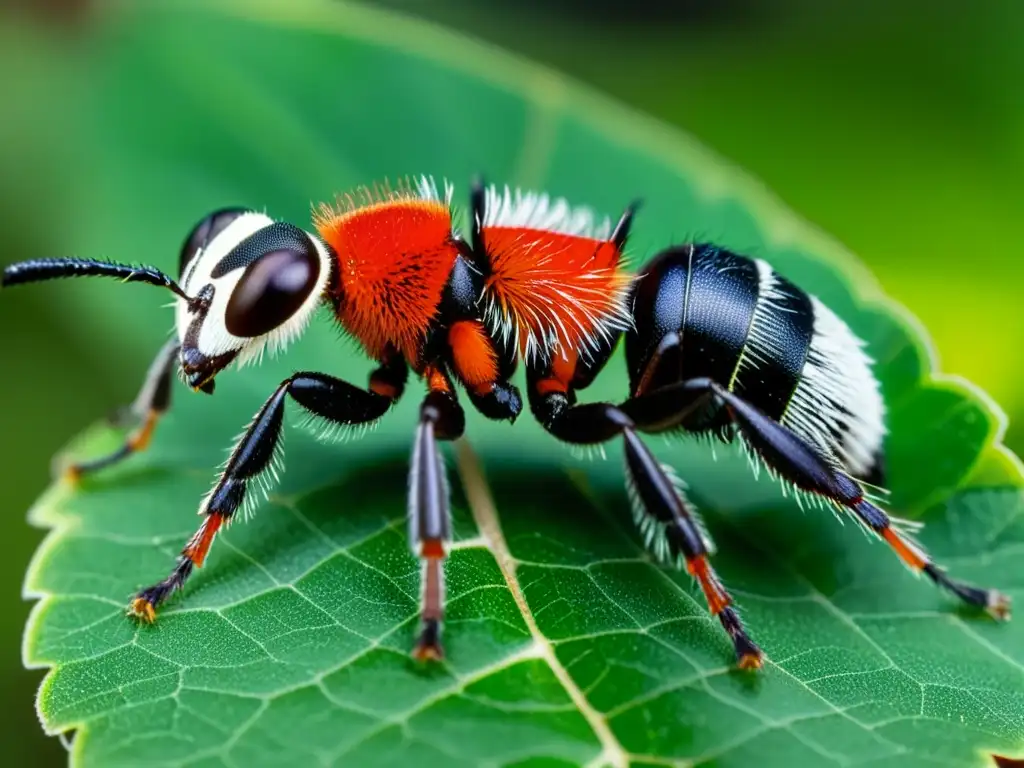 Detallada imagen de una hormiga terciopelo roja y negra en una hoja verde, resaltando su textura y patrón