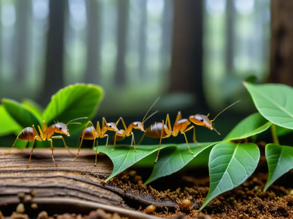 Una detallada imagen de hormigas cortadoras de hojas en el bosque, resaltando sus cuerpos, las hojas y el entorno natural