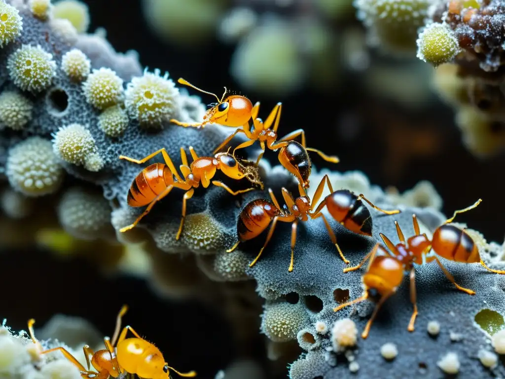 Detallada imagen de hormigas rodeando fruta mohosa, resaltando la relación mutualismo hongos insectos