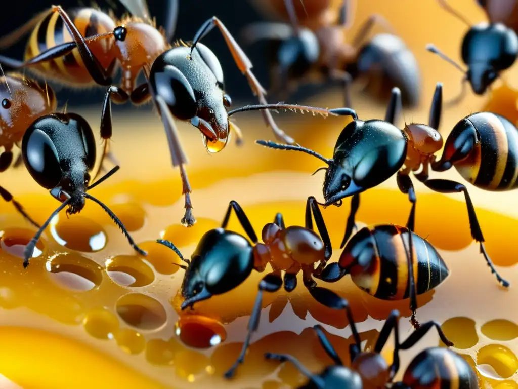 Una detallada imagen de hormigas rodeando una gota de miel, resaltando su compleja anatomía y movimientos