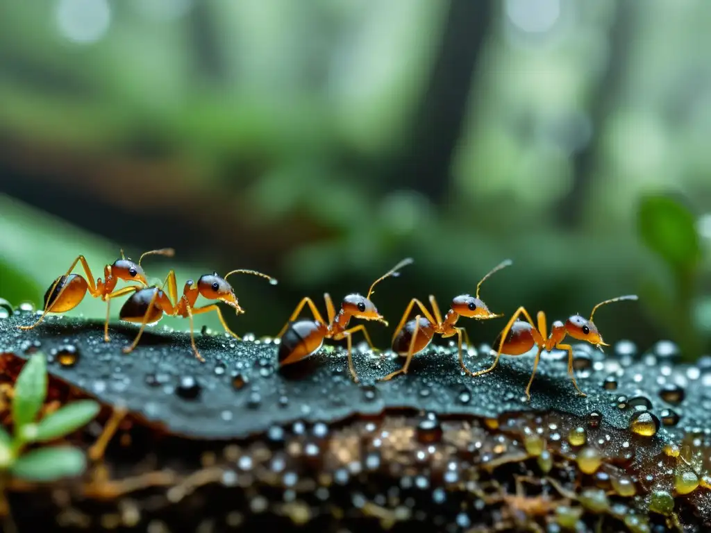 Detallada imagen de hormigas cuidando hongos en un bosque húmedo, en una relación mutualismo hongos insectos impresionante