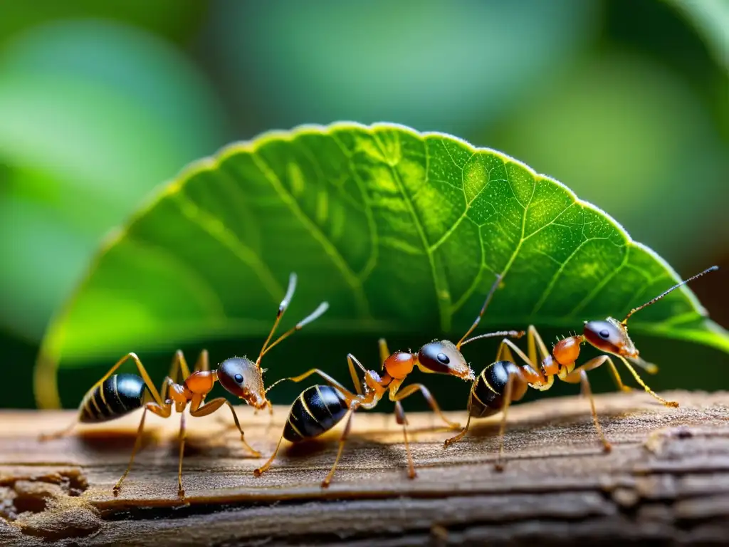 Una detallada imagen de hormigas trabajando juntas para transportar comida en un sendero de hojas