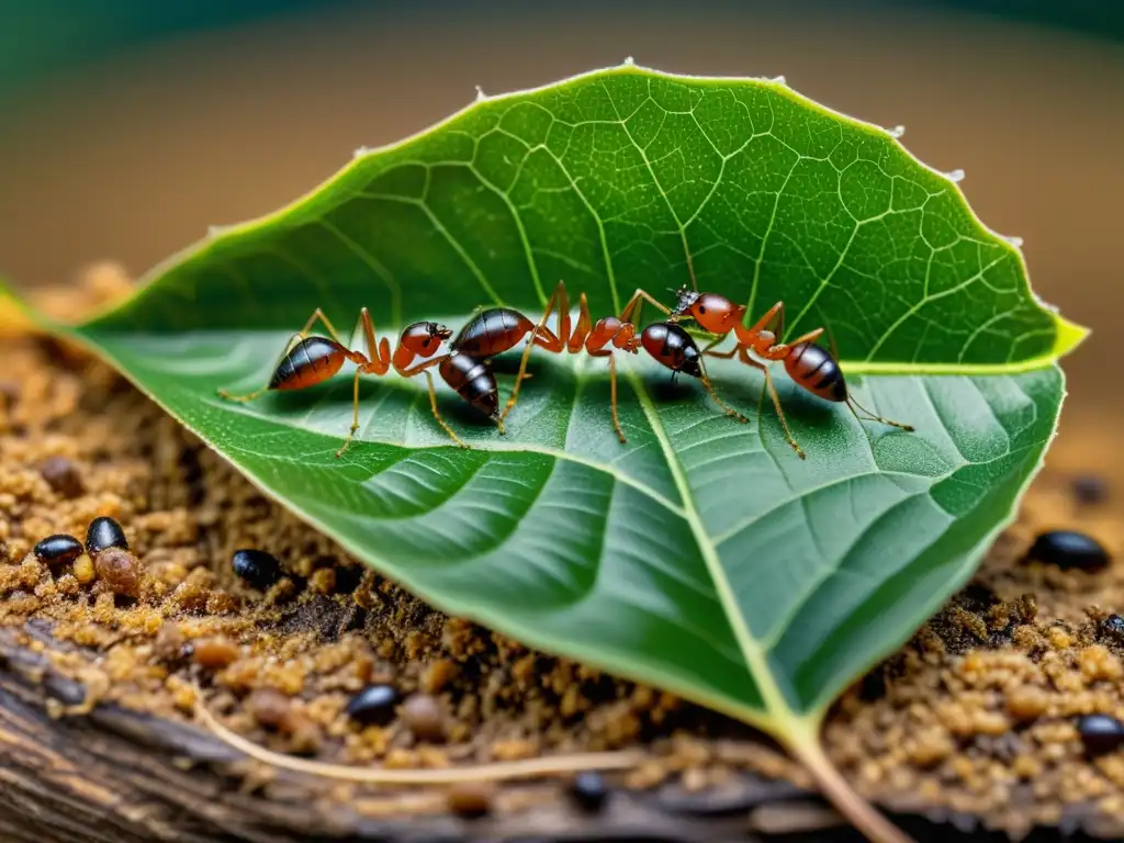 Una detallada imagen de hormigas trabajando juntas para llevar una hoja grande a su nido