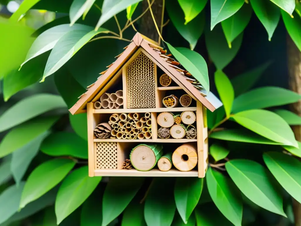 Detallada imagen de un hotel de insectos entre exuberante vegetación, con materiales naturales y actividad vibrante