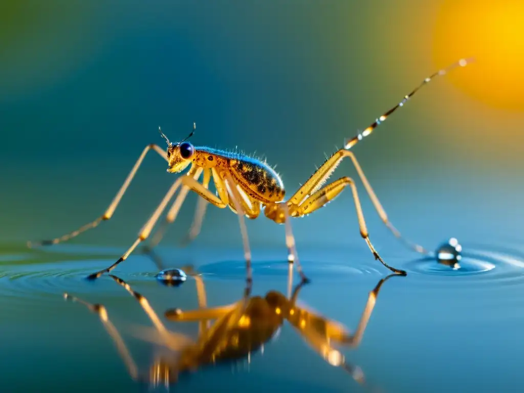 Detallada imagen de un insecto acuático quieto en la superficie de un estanque, resaltando la importancia de los insectos en ecosistemas acuáticos