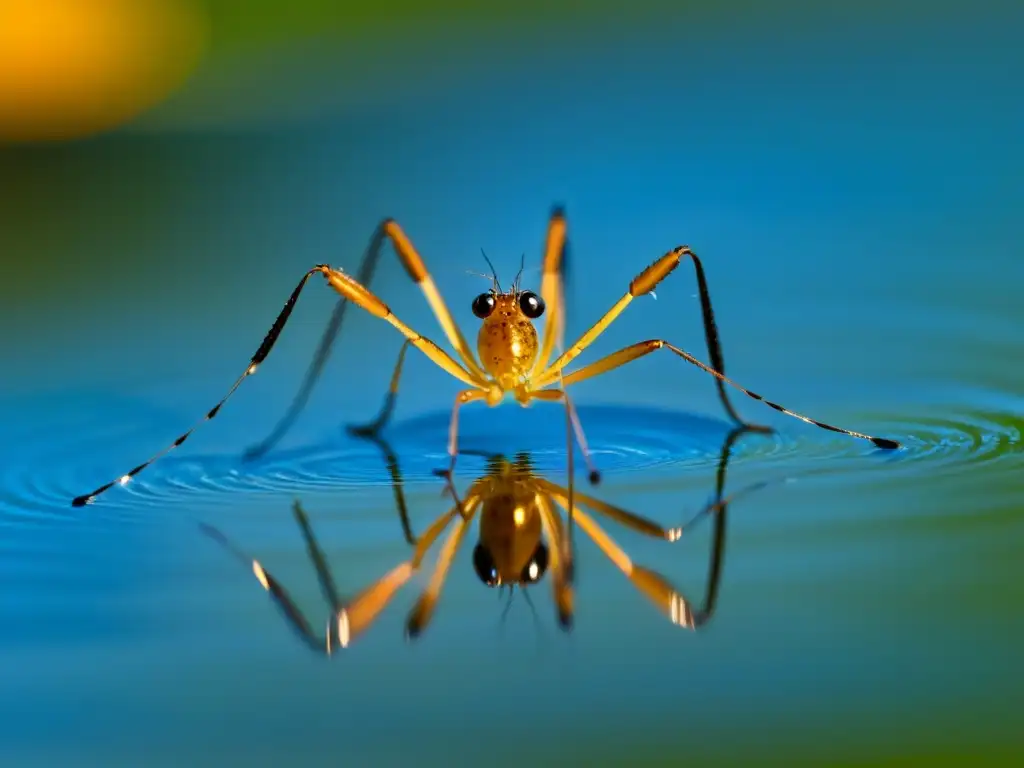 Detallada imagen de un insecto sobre el agua, con sus delicadas patas creando ondas mínimas