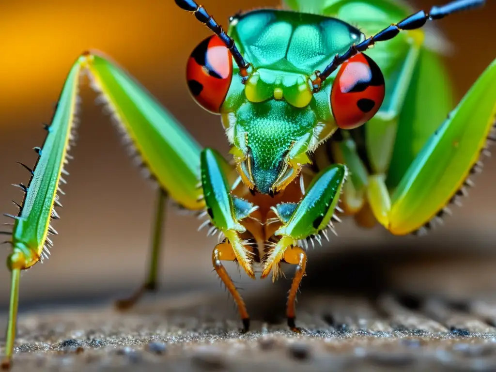 Detallada imagen de insecto caníbal, mostrando su exoesqueleto, ojos compuestos y mandíbulas afiladas mientras caza otro insecto