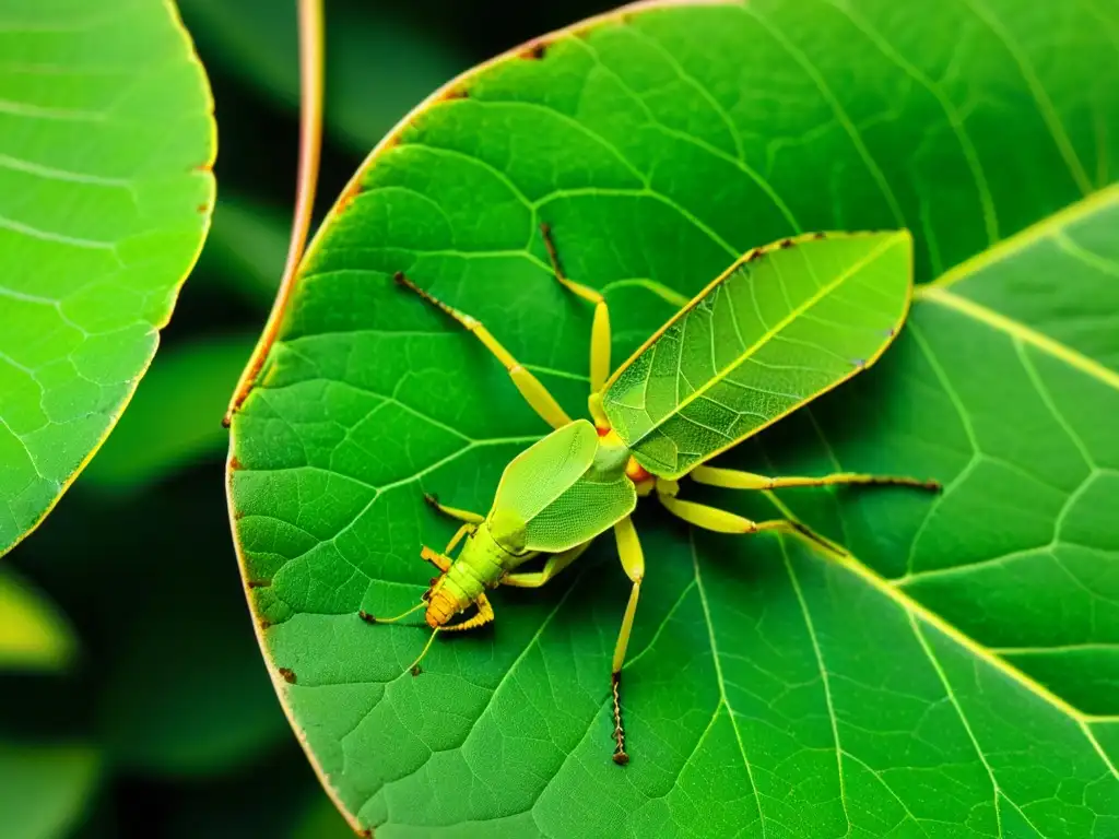 Detallada imagen de un insecto hoja (Phyllium giganteum) con adaptaciones morfológicas para defensa, mostrando su morfología y camuflaje perfectos