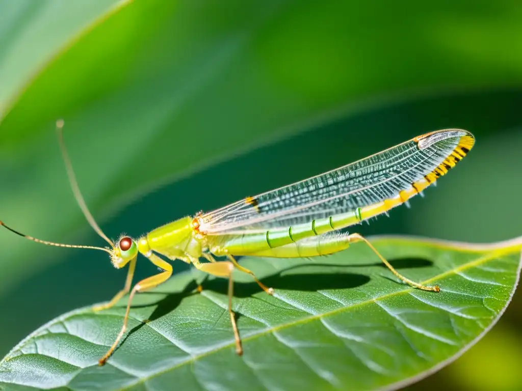 Detallada imagen de un insecto crisopa verde sobre una hoja, con sus alas transparentes desplegadas al sol, revelando su compleja estructura