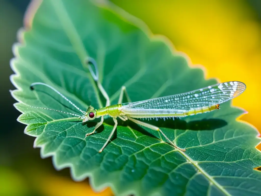 Detallada imagen de un insecto verde en una hoja, adaptación de insectos a nuevos entornos en la naturaleza