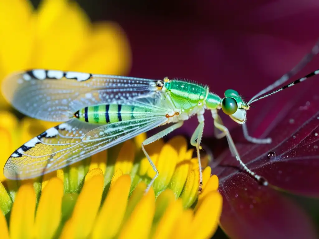 Detallada imagen de un insecto verde, un crisópido, sobre un pétalo vibrante