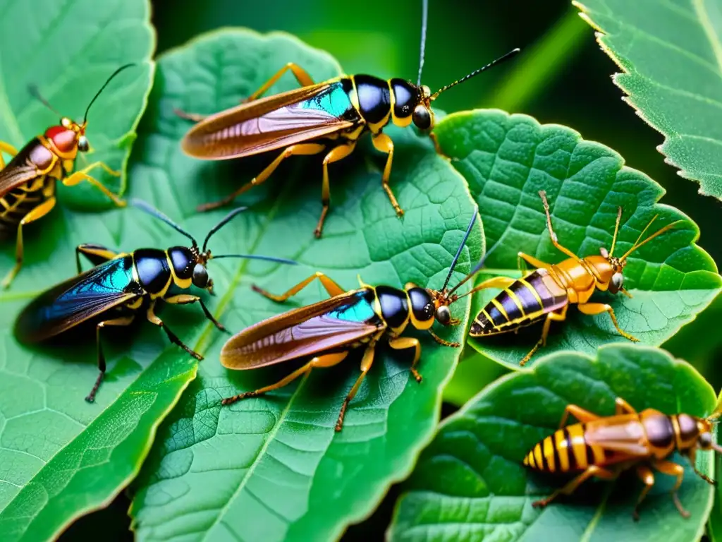 Detallada imagen de insectos comestibles sobre hojas verdes, destacando su diversidad y potencial como fuente de alimento sostenible