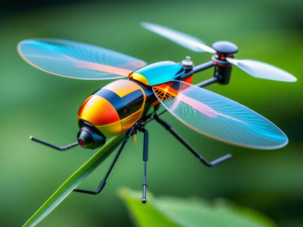 Detallada imagen de un microdron inspirado en libélulas, con alas intrincadas y equipo de vigilancia en vibrante color