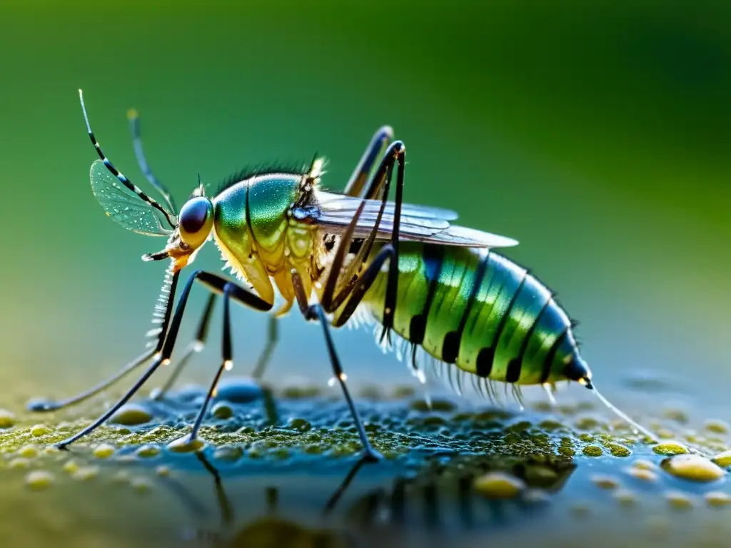 Detallada imagen de larva de mosquito en agua estancada, resaltando la importancia del saneamiento en el control de vectores