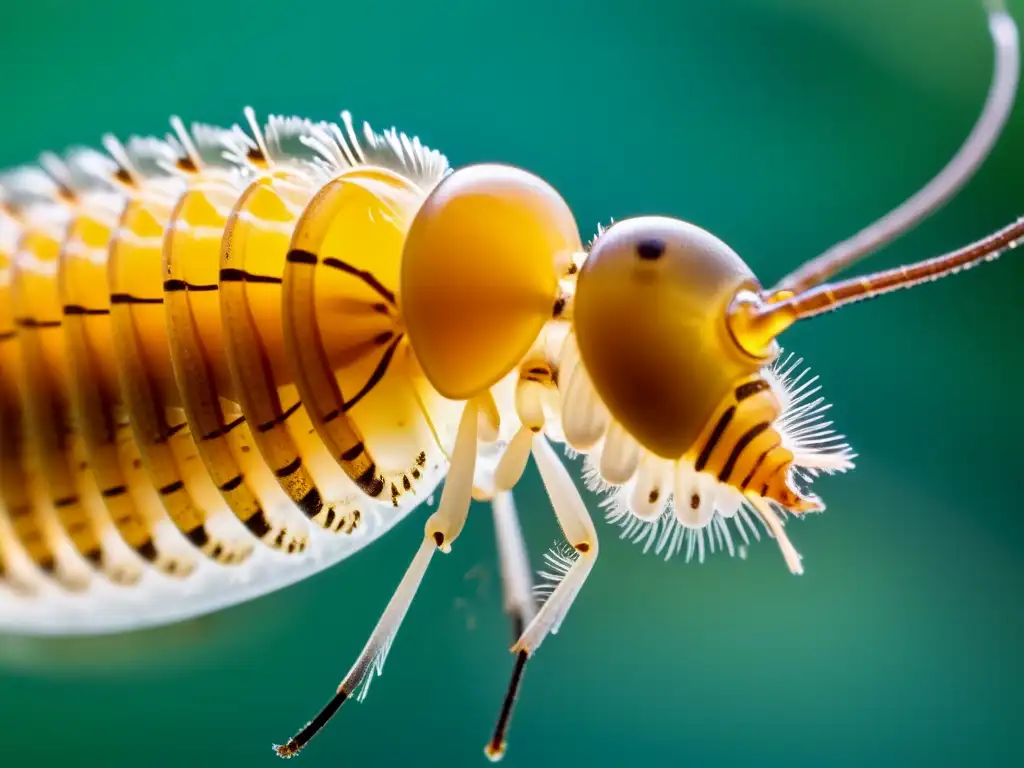 Detallada imagen de larva de mosquito en transición a pupa en agua clara