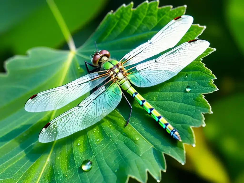 Detallada imagen de una libélula verde sobre hoja húmeda