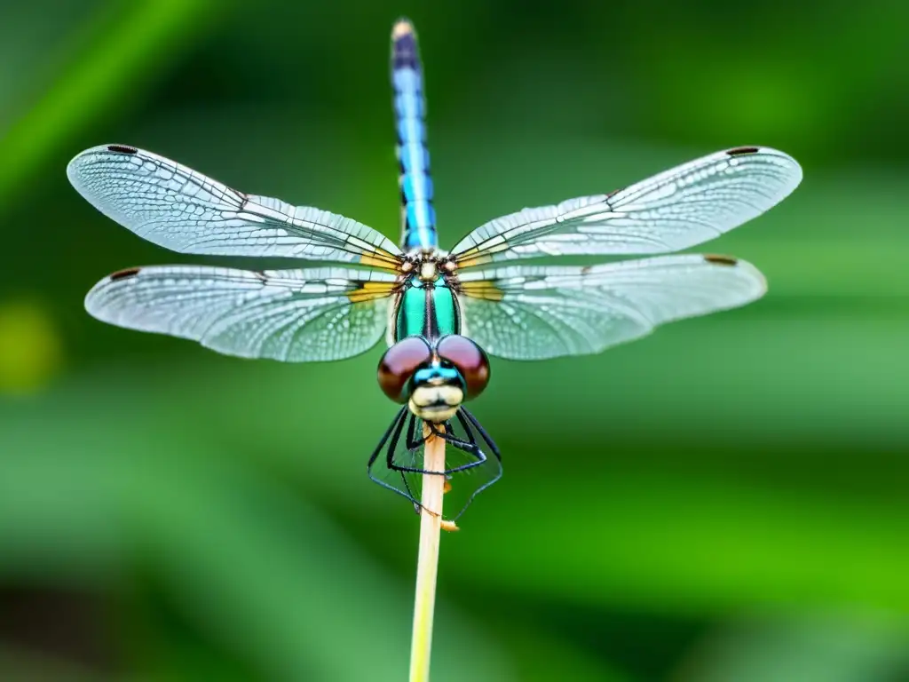 Detallada imagen de una libélula verde y negra posada en una fina hoja, con sus alas transparentes extendidas