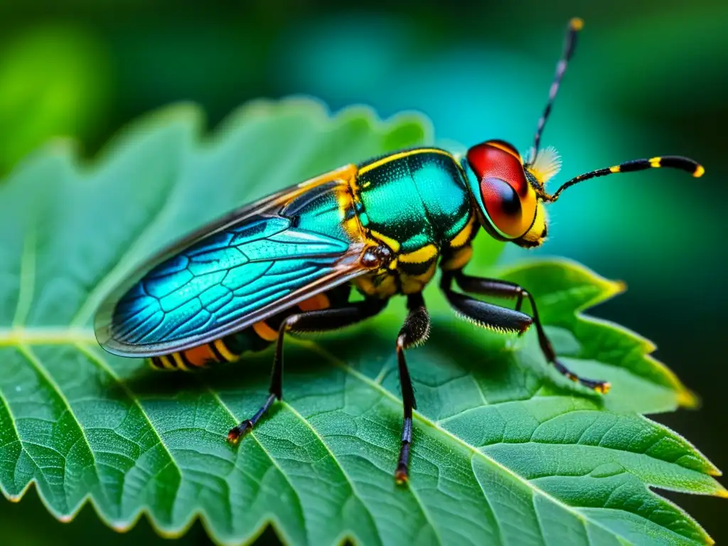 Detallada imagen de un luciérnaga en una hoja, con su abdomen bioluminiscente brillando con patrones vibrantes