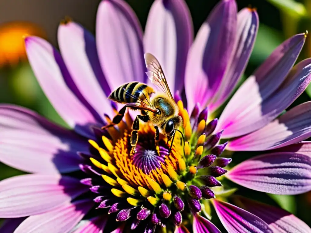 Detallada imagen macro de abeja recolectando néctar en flor morada