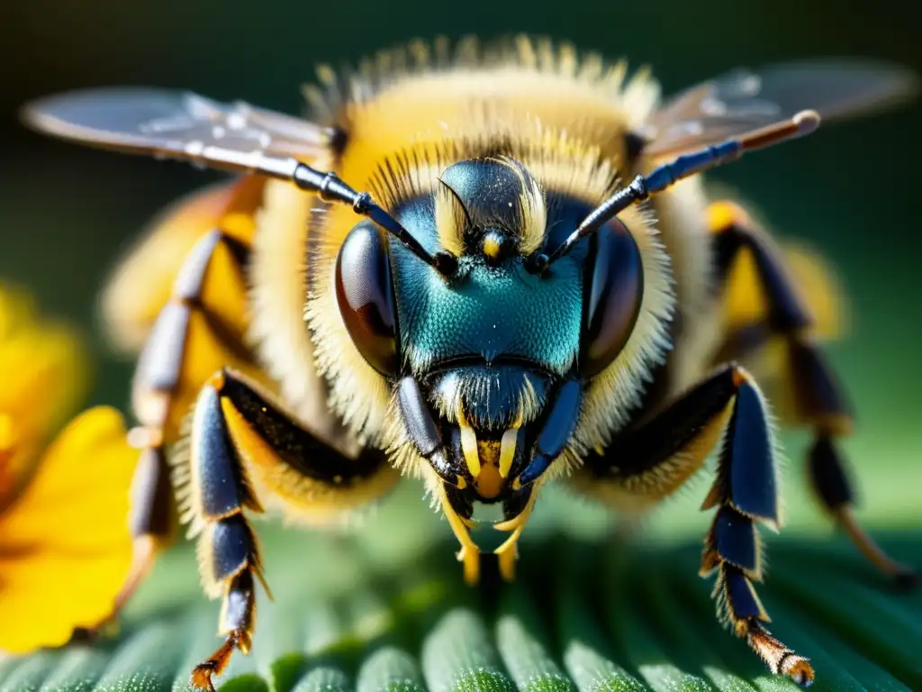 Detallada imagen macro de una abeja cubierta de polen, destacando la importancia de los insectos en la polinización y su conexión con el ecosistema