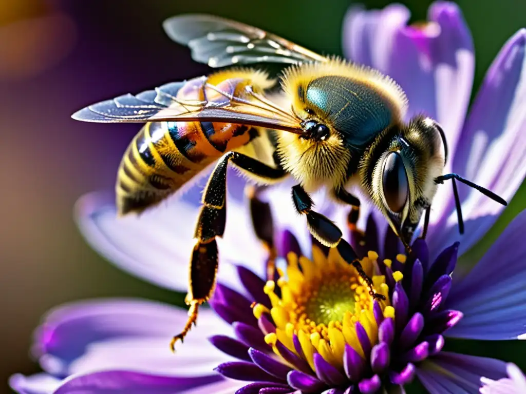 Una detallada imagen macro muestra una abeja recolectando néctar de una flor morada, destacando la relación ética entre humanos e insectos