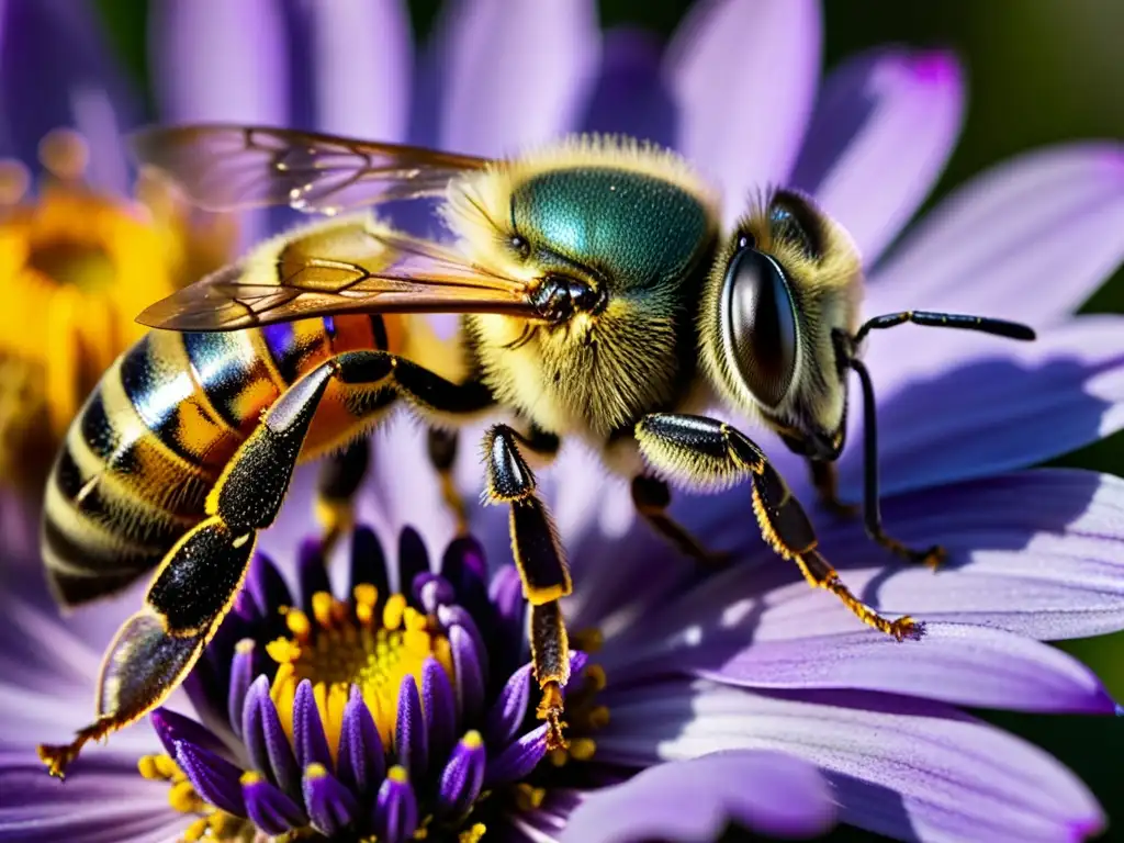 Detallada imagen macro de una abeja cubierta de polen, polinizando una flor morada