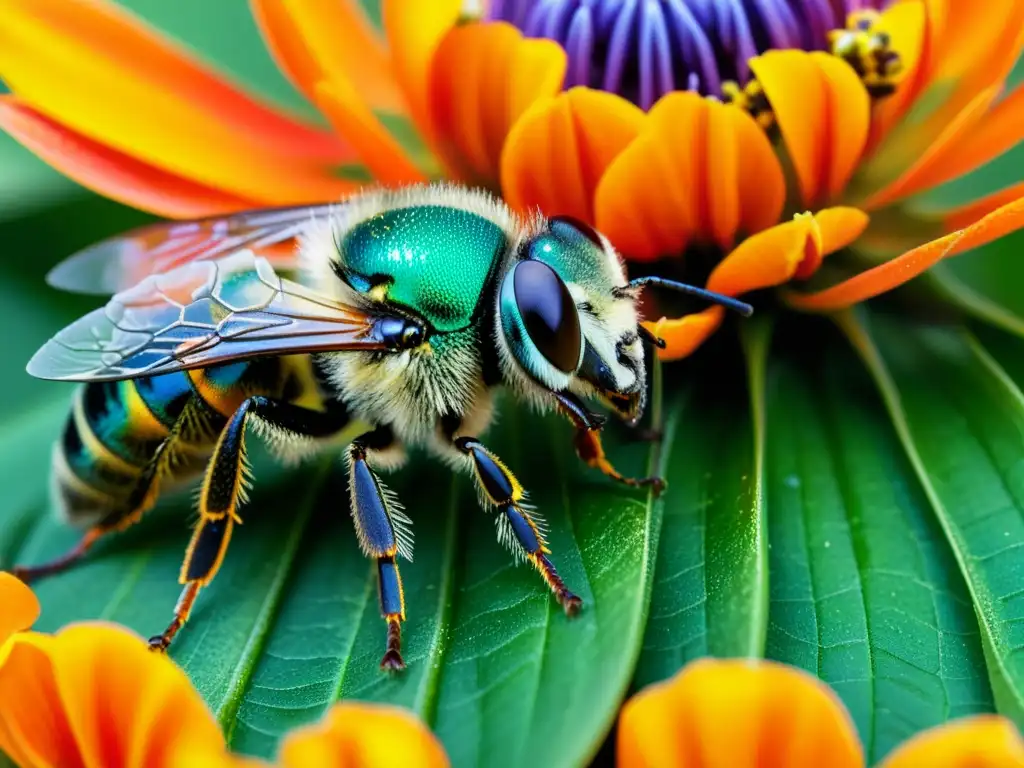 Detallada imagen macro de una abeja metálica verde vibrante cubierta de polen, con alas iridiscentes y delicados vellos en su cuerpo, posada en una flor naranja brillante, con texturas intrincadas en el fondo